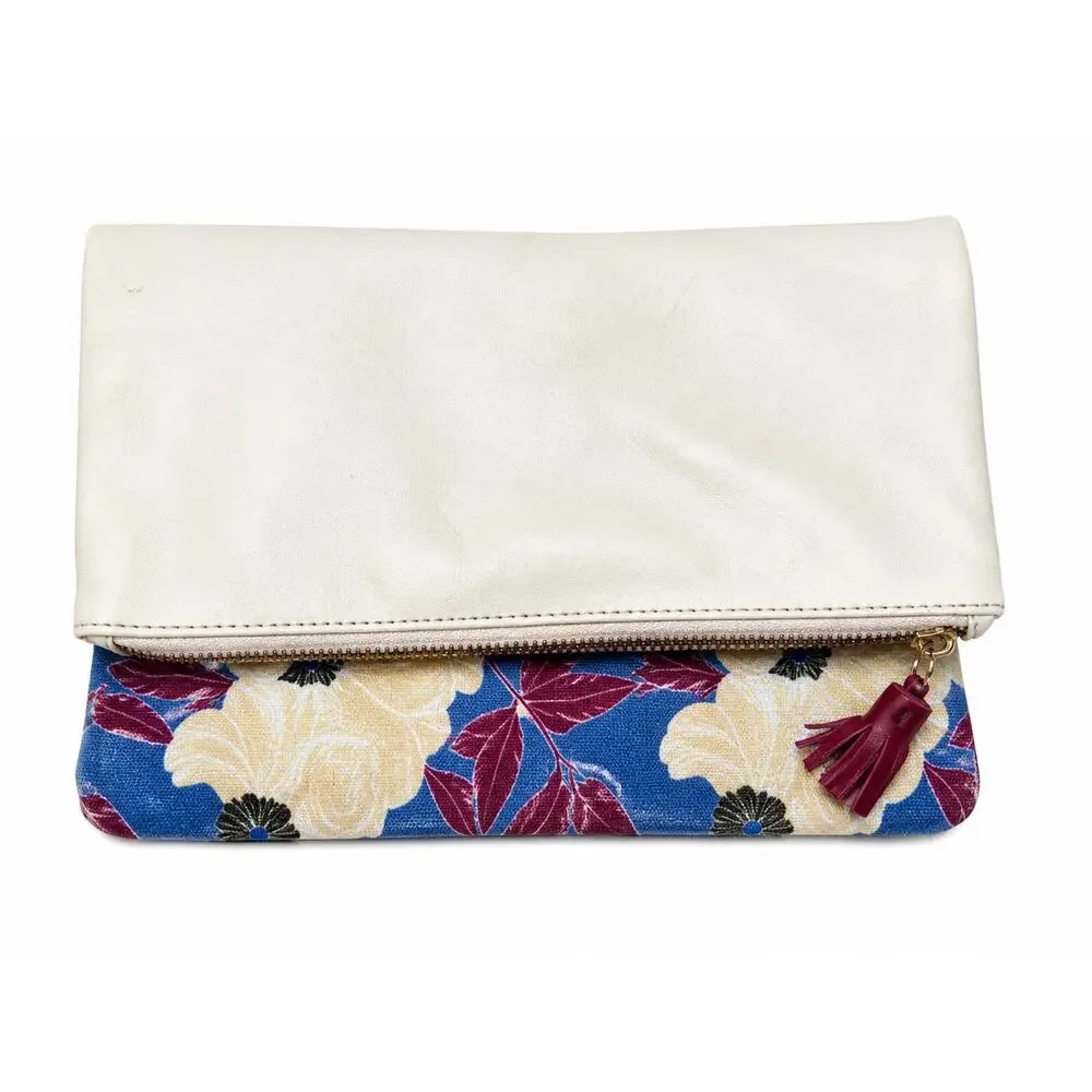 Rachel Pally Floral Foldover Clutch Pouch Blue Cream Red Zip Close